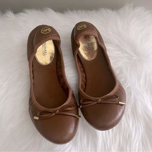 Michael Kors Brown Scrunch Ballet Flats with Bow and Gold Accents